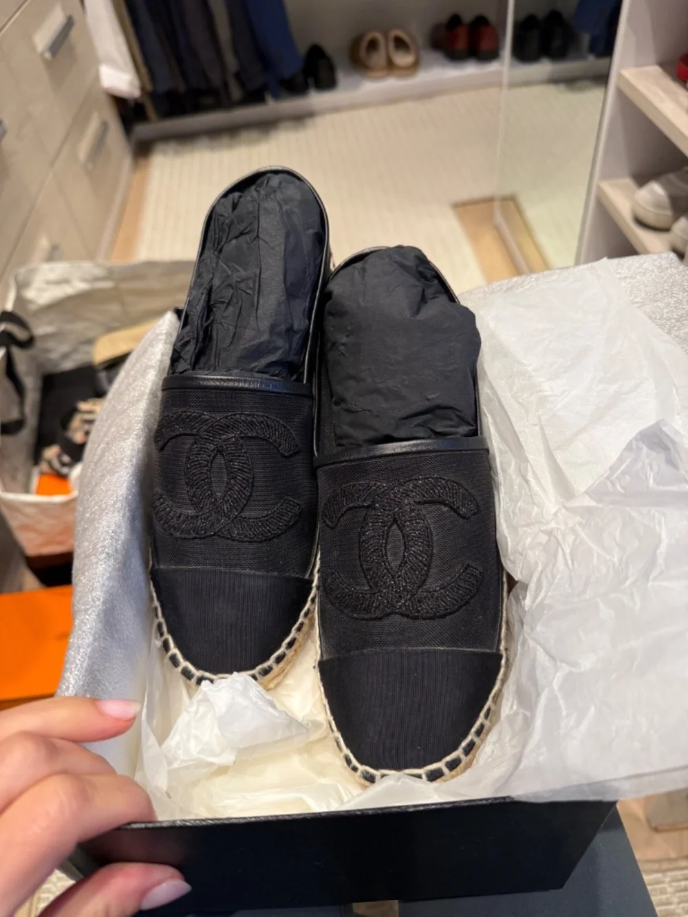 CHANEL Mesh Grosgrain CC Espadrilles black size 39